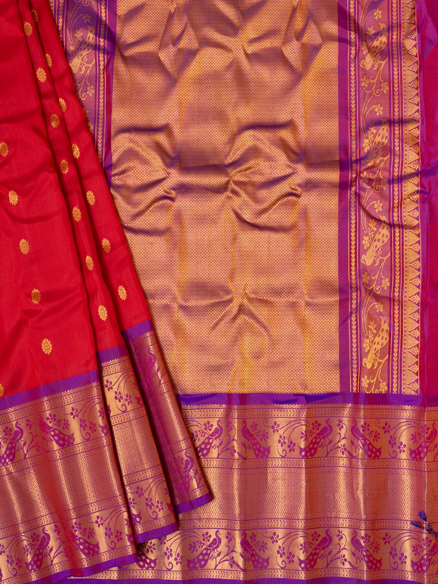 Red and purple pure Gadwal silk saree