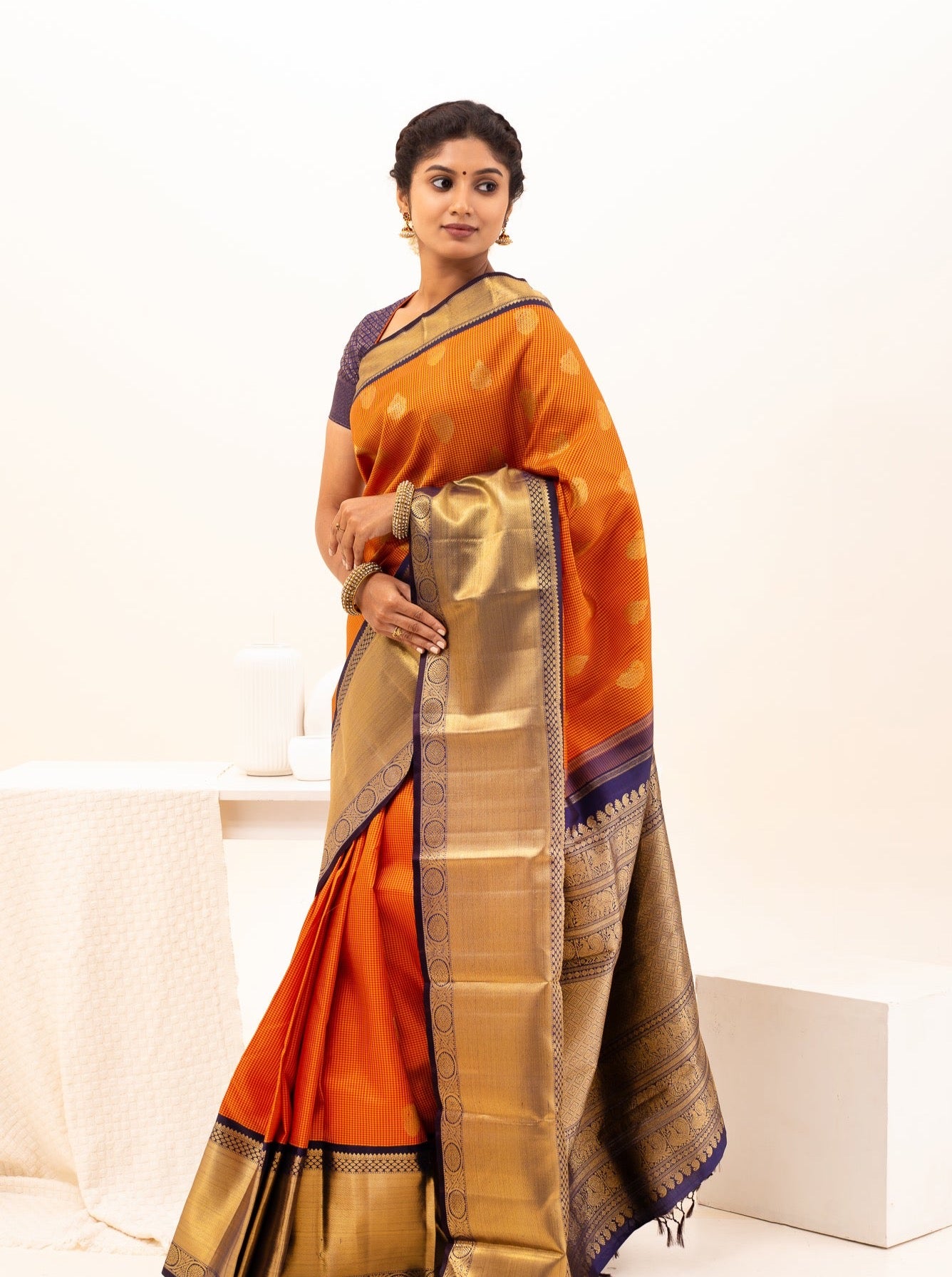 Rust Orange Pure Zari Kanchipuram Silk Saree - Clio Silks