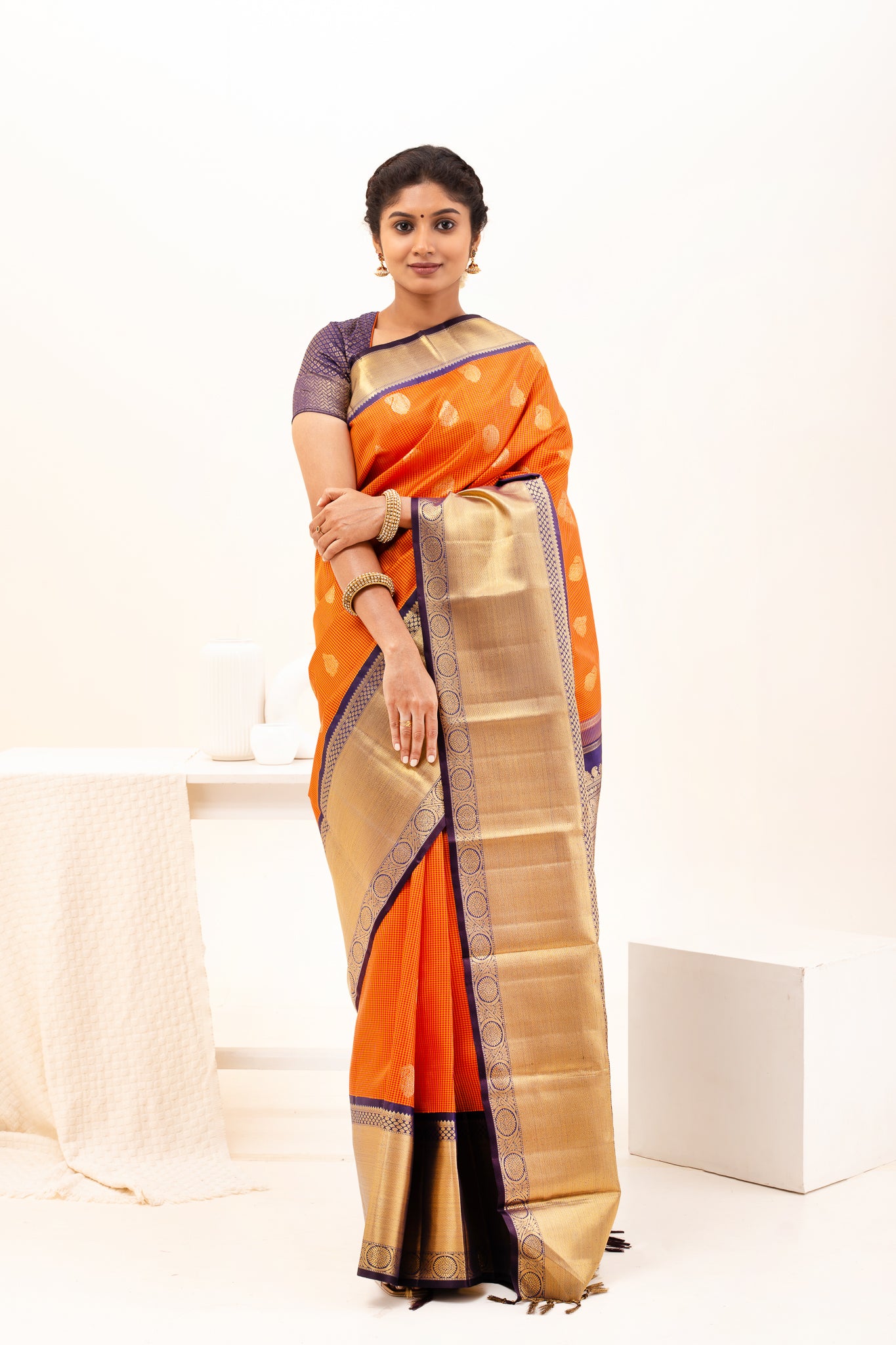 Rust Orange Pure Zari Kanchipuram Silk Saree - Clio Silks