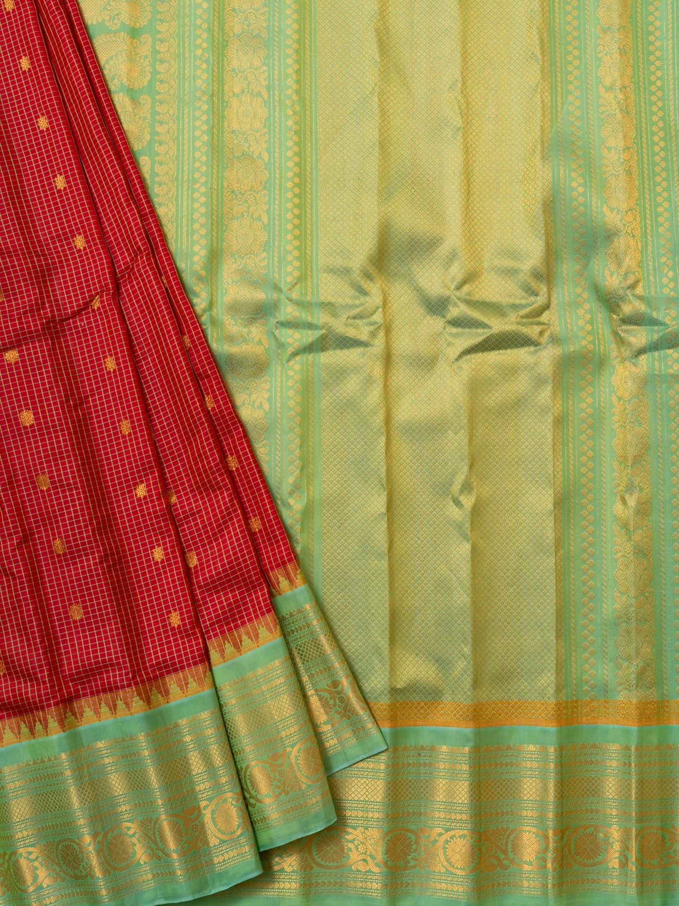 Tomato red and cyan pure Gadwal silk saree