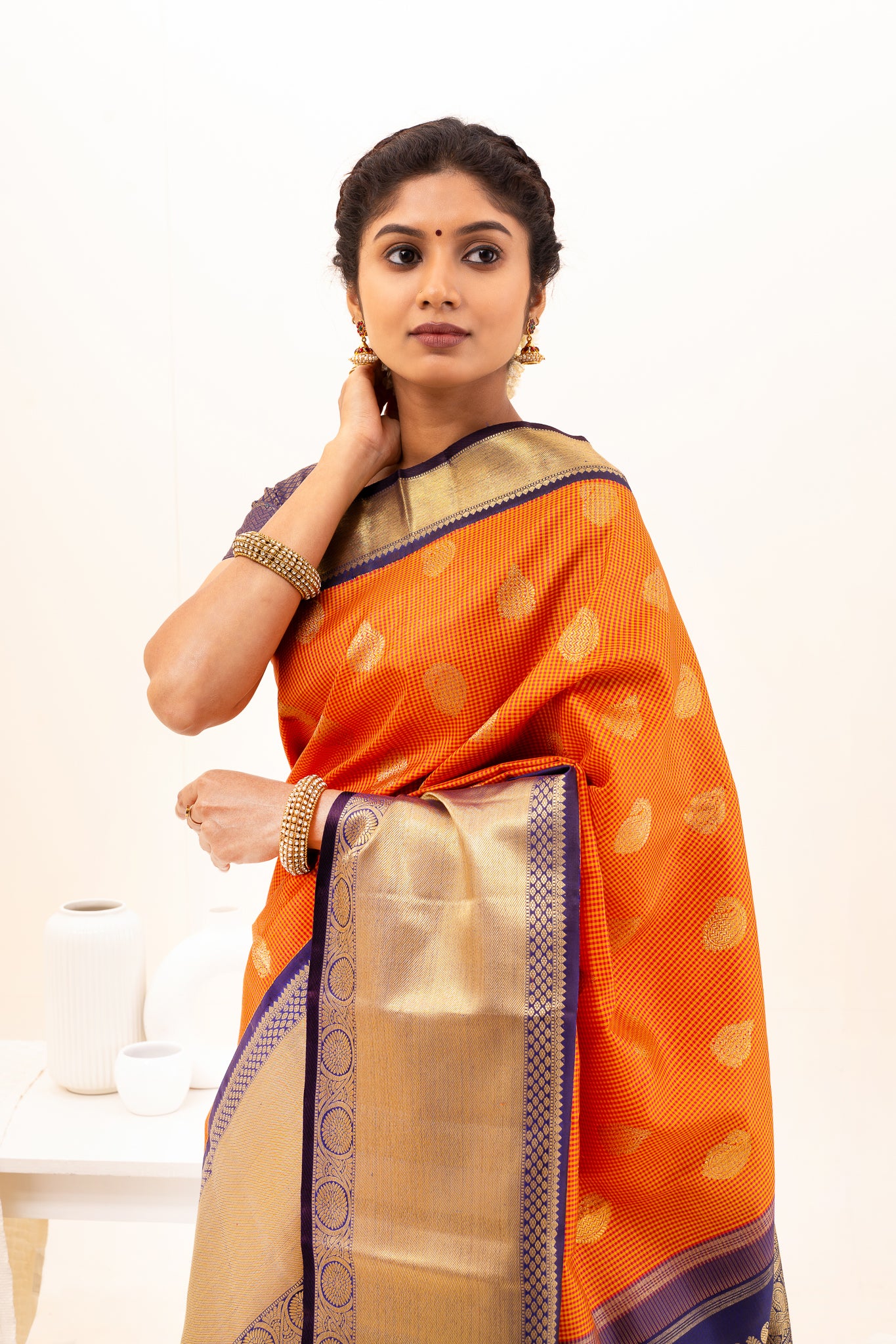 Rust Orange Pure Zari Kanchipuram Silk Saree - Clio Silks