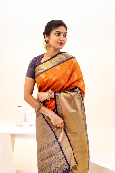 Rust Orange Pure Zari Kanchipuram Silk Saree - Clio Silks