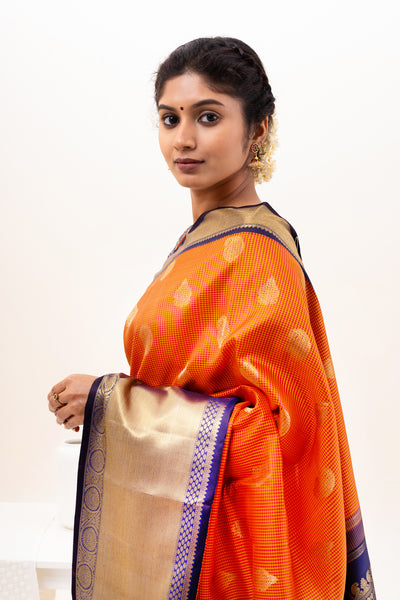 Rust Orange Pure Zari Kanchipuram Silk Saree - Clio Silks