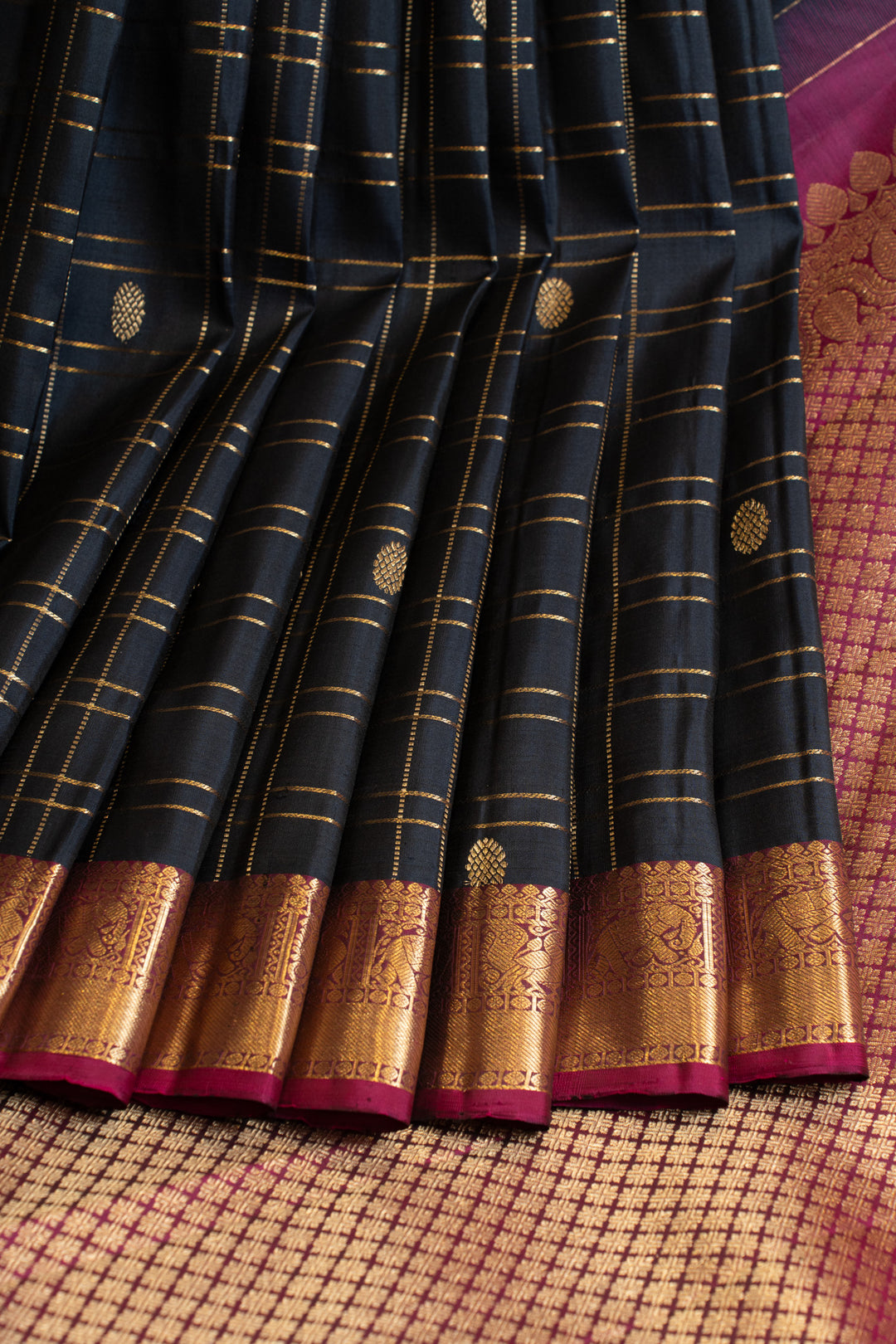 Dark blue zari checks pure Kanchipuram silk saree