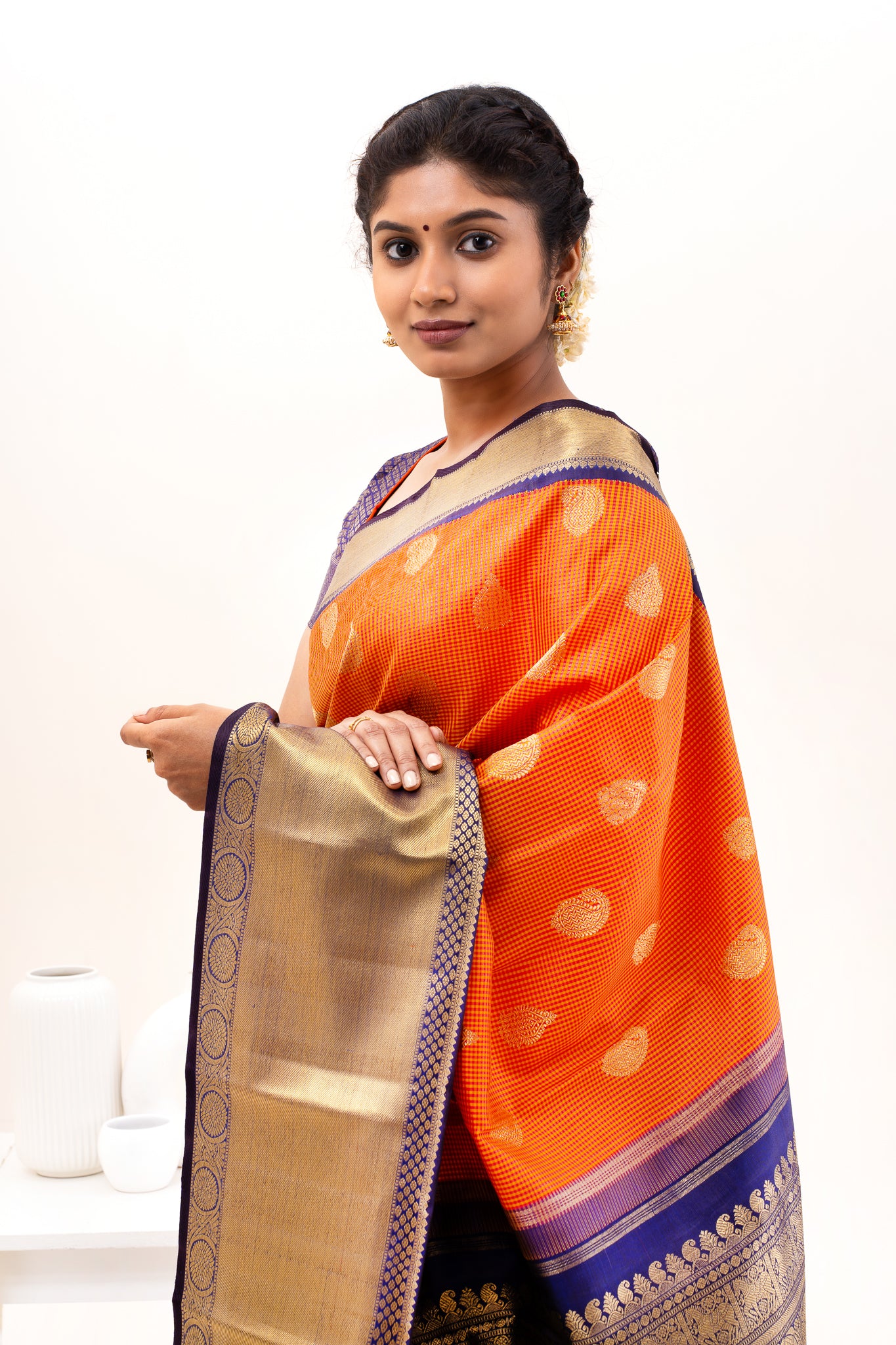 Rust Orange Pure Zari Kanchipuram Silk Saree - Clio Silks