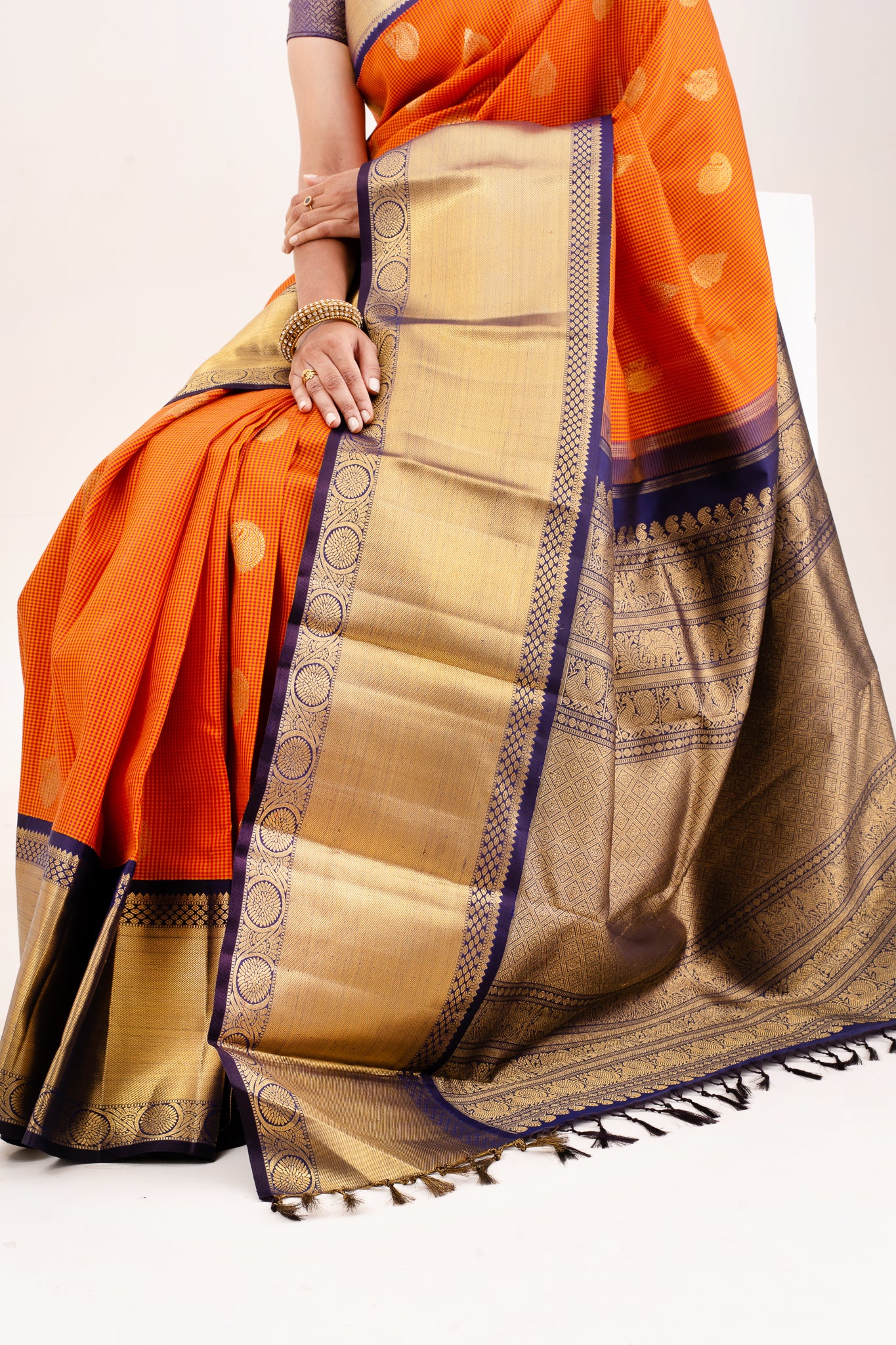 Rust Orange Pure Zari Kanchipuram Silk Saree - Clio Silks