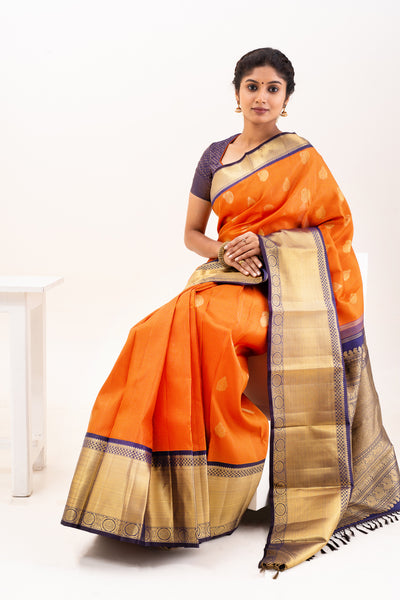 Rust Orange Pure Zari Kanchipuram Silk Saree - Clio Silks