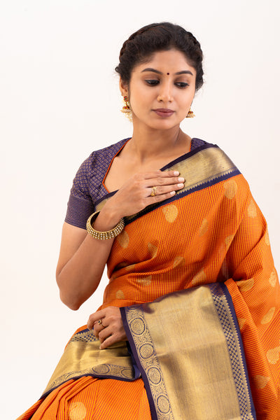 Rust Orange Pure Zari Kanchipuram Silk Saree - Clio Silks