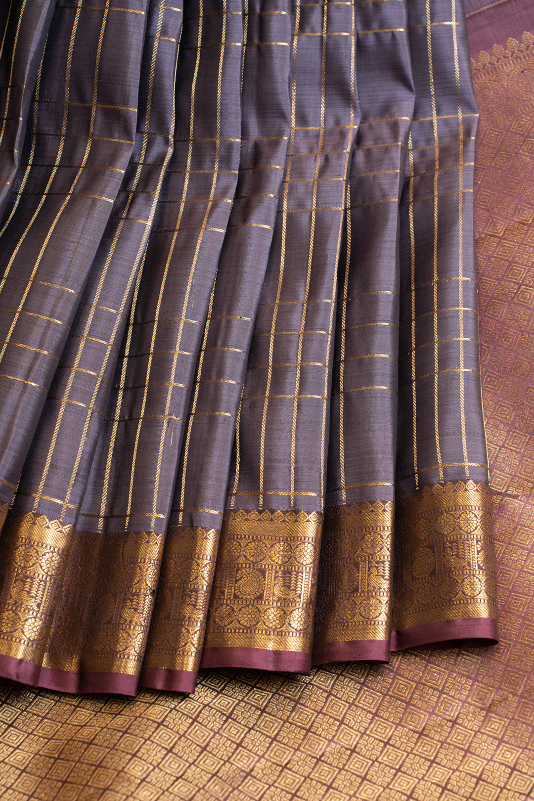 Heather purple Zari checks pure Kanchipuram silk saree