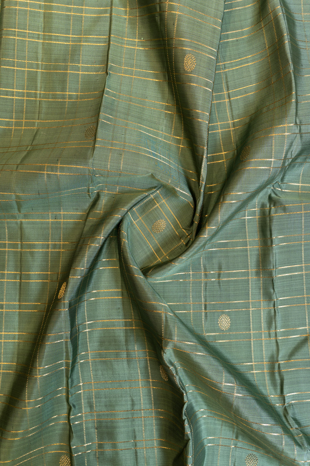 Viridian green zari checks pure Kanchipuram silk saree