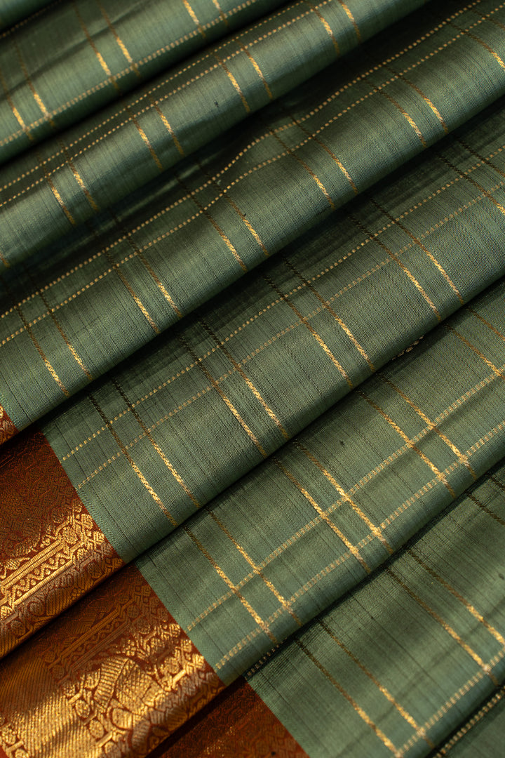 Viridian green zari checks pure Kanchipuram silk saree