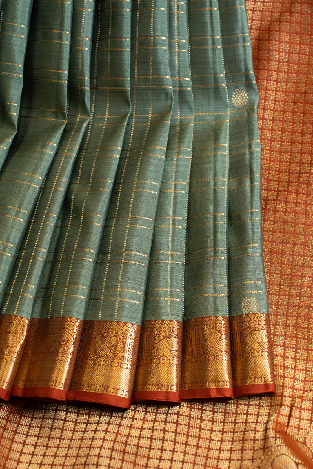 Viridian green zari checks pure Kanchipuram silk saree