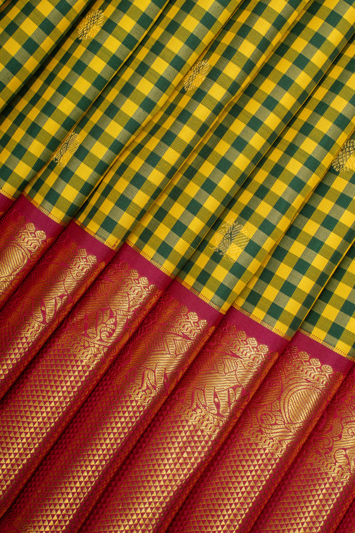 Yellow and Green Podikattam Pure Kanchipuram Silk Saree