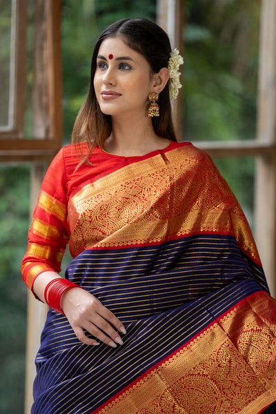 Midnight Blue Pure Zari Stripes Kanjivaram Silk Saree - Clio Silks