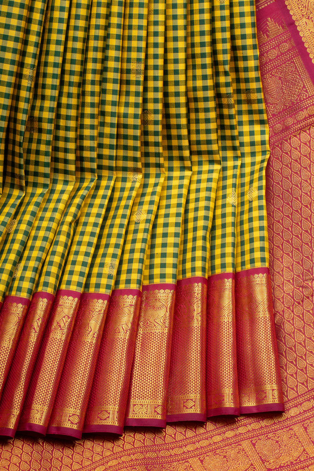 Yellow and Green Podikattam Pure Kanchipuram Silk Saree