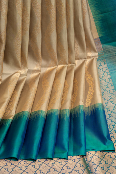 Beige and peacock blue serpentine stripes pure soft silk saree