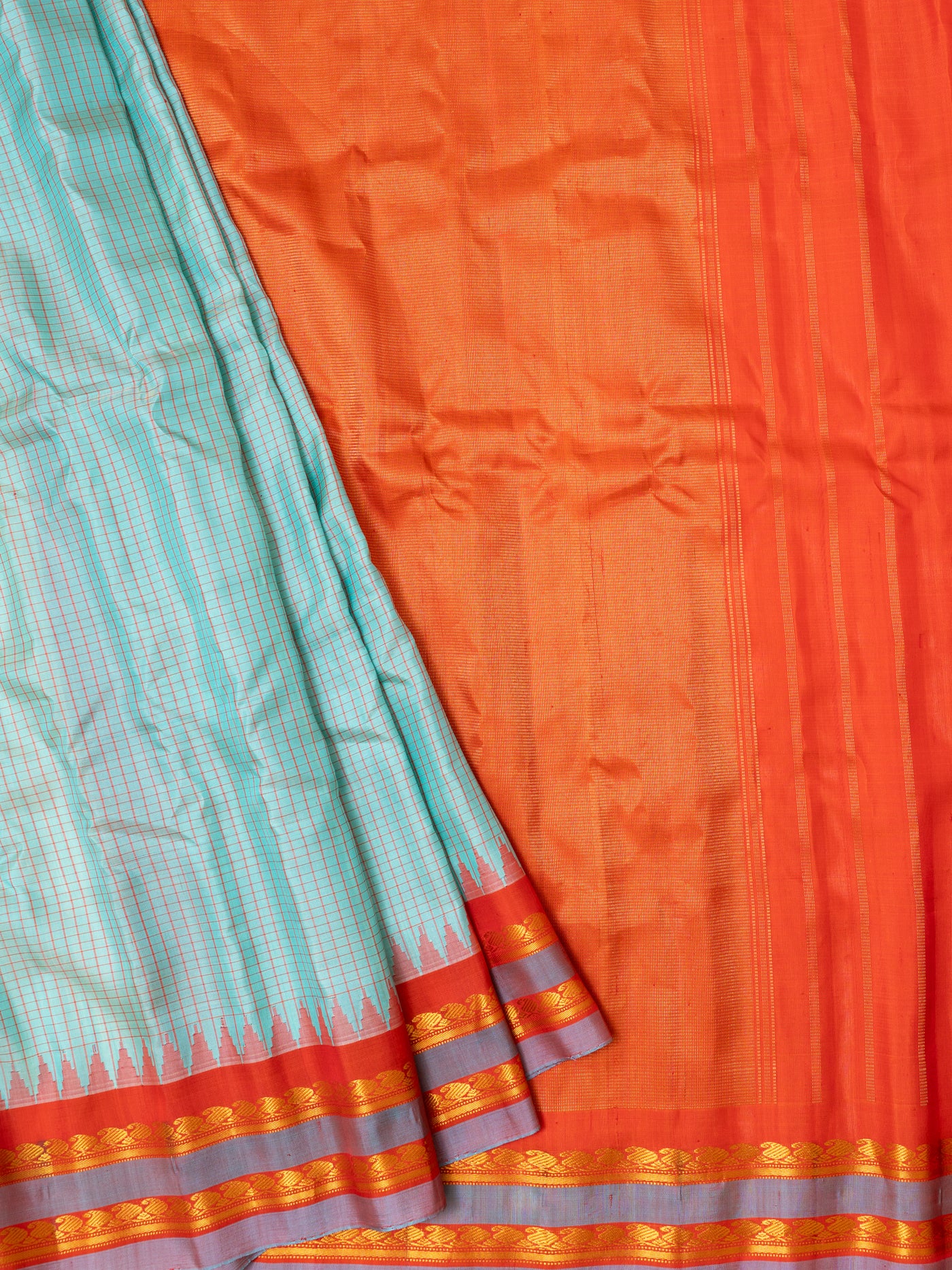 Turquoise blue and red pure Gadwal silk saree