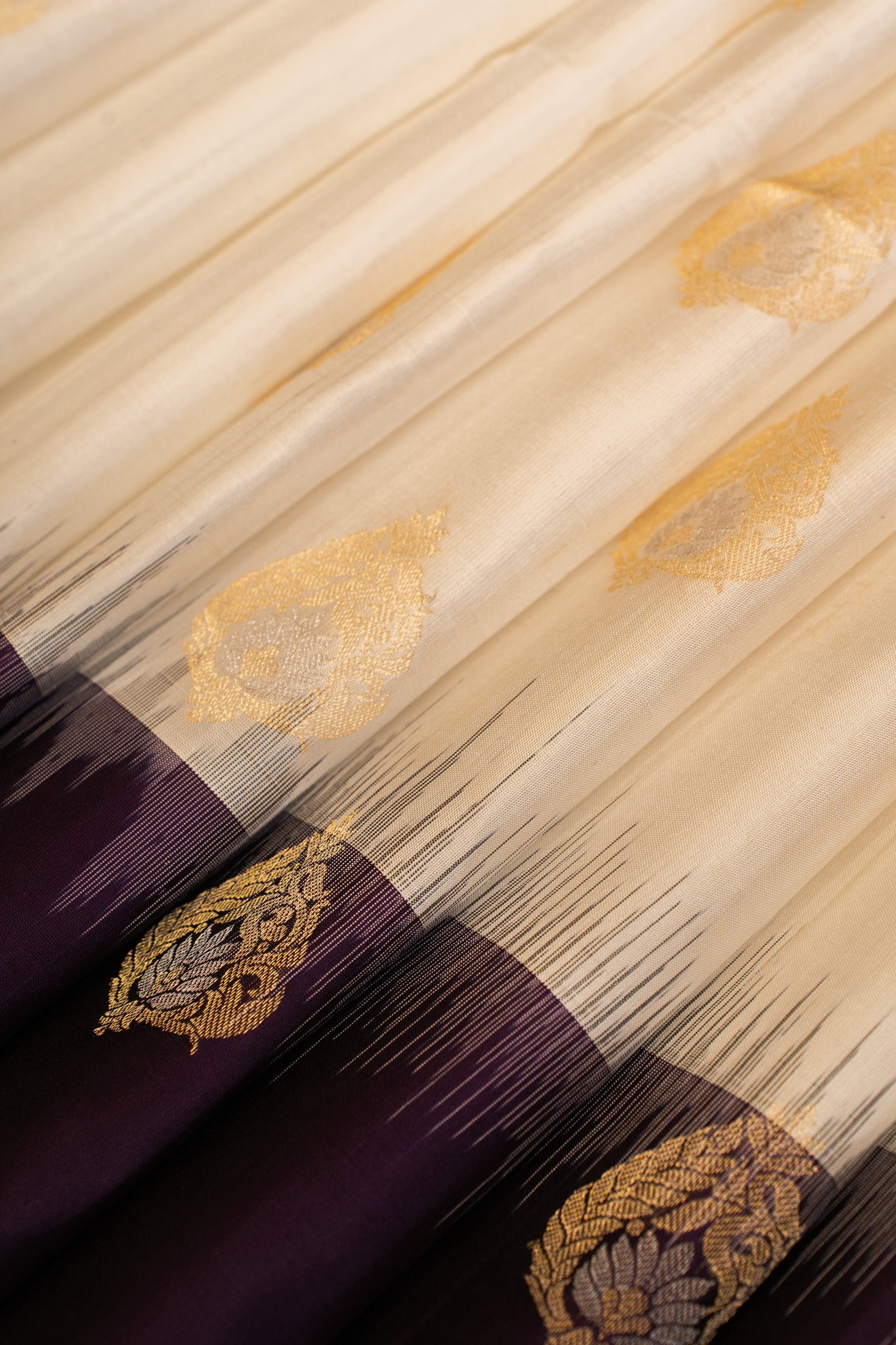 Off white and jamun purple pure soft silk saree