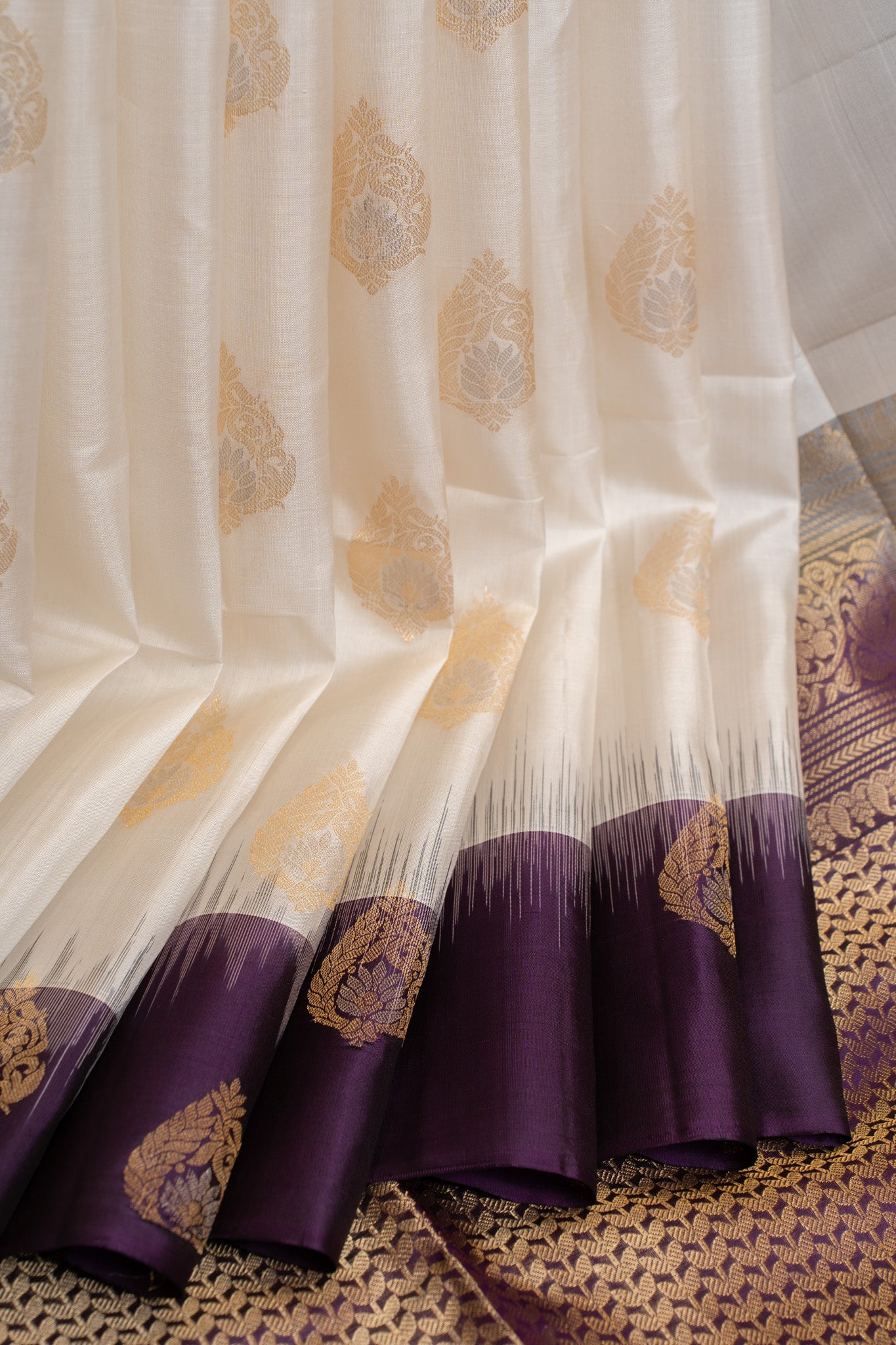 Off white and jamun purple pure soft silk saree