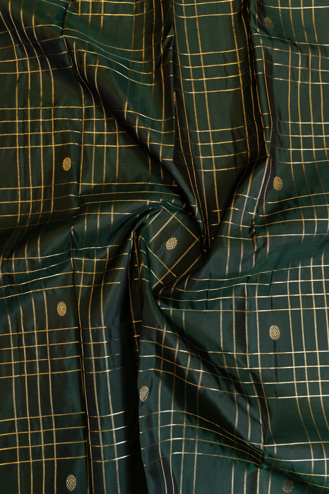 Bottle green zari checks buttis pure Kanchipuram silk saree
