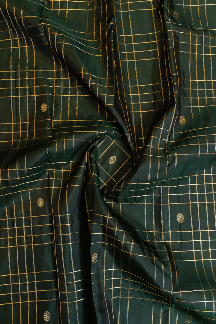 Bottle green zari checks buttis pure Kanchipuram silk saree