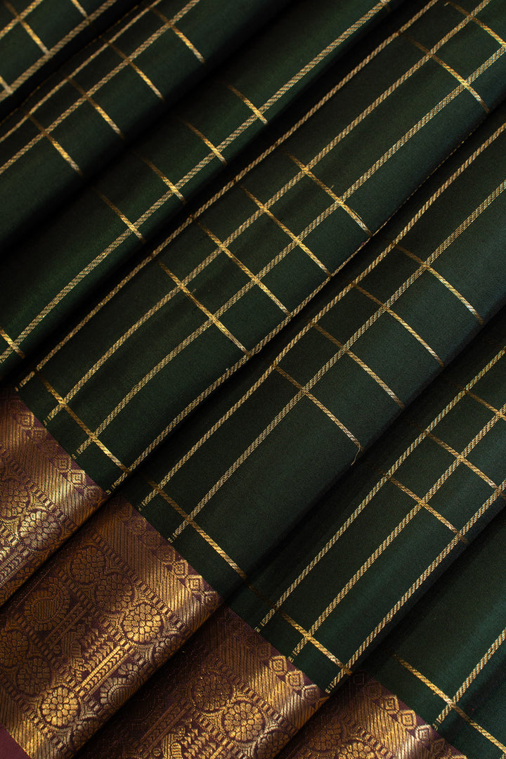 Bottle green zari checks buttis pure Kanchipuram silk saree