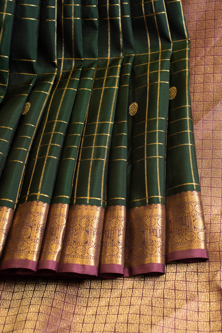 Bottle green zari checks buttis pure Kanchipuram silk saree