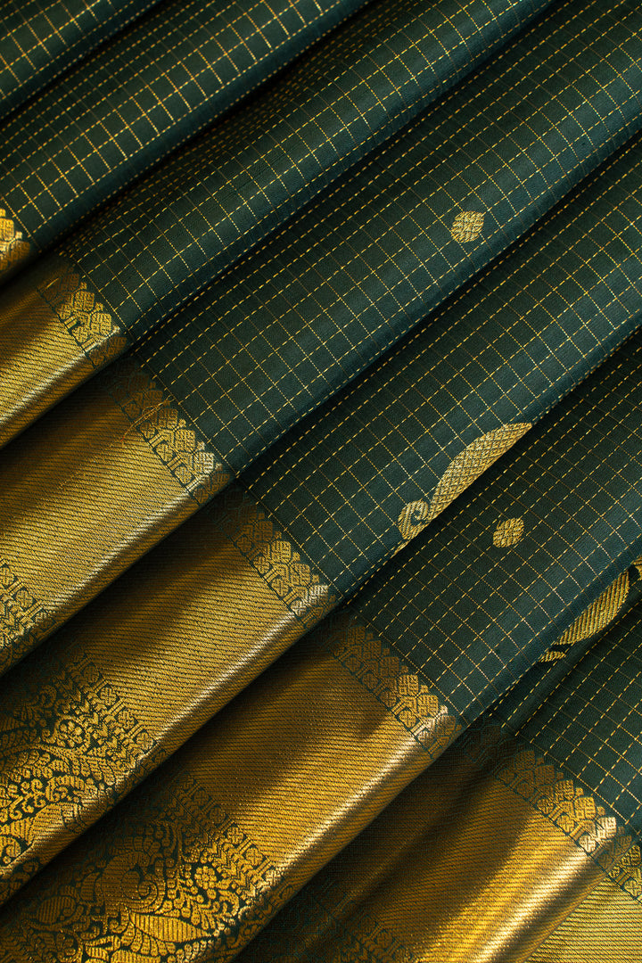 Bottle green vairaoosi Checks pure Kanchipuram silk saree