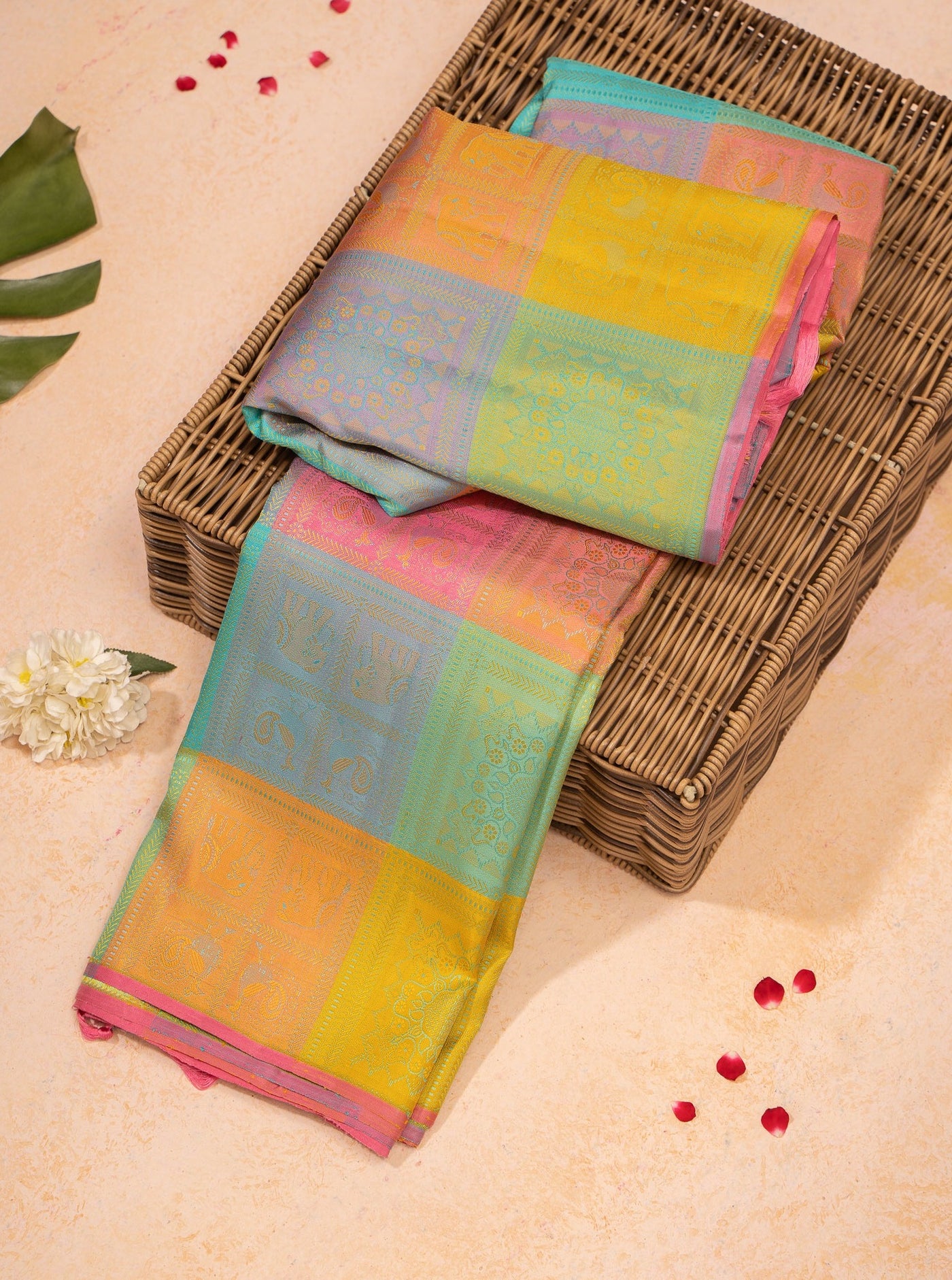 Pastel Checks Thread Brocade Pure Kanchipuram Silk Saree - Clio Silks