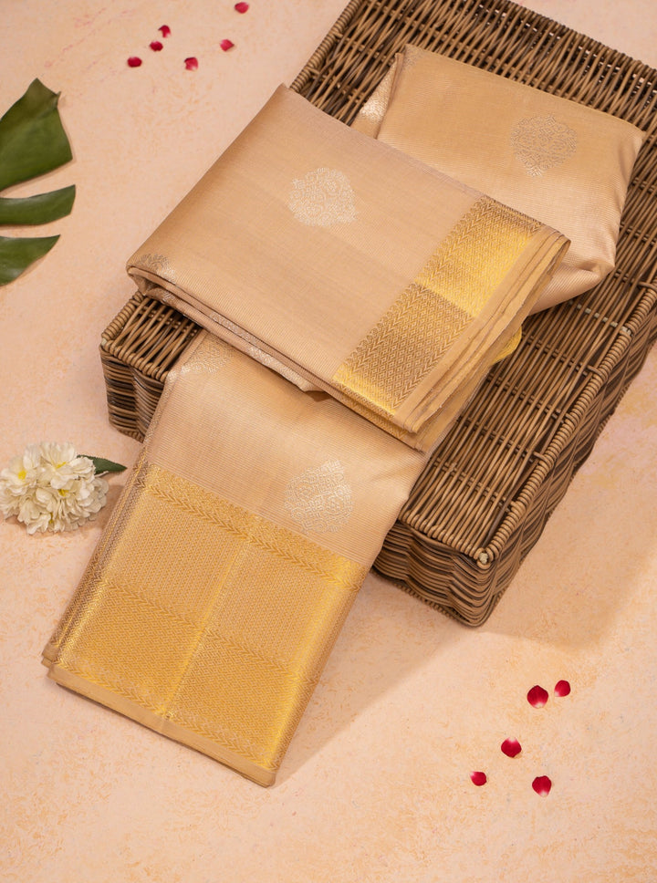 Sandcastle Gold Zari Stripes Pure Kanchipuram Silk Saree - Clio Silks