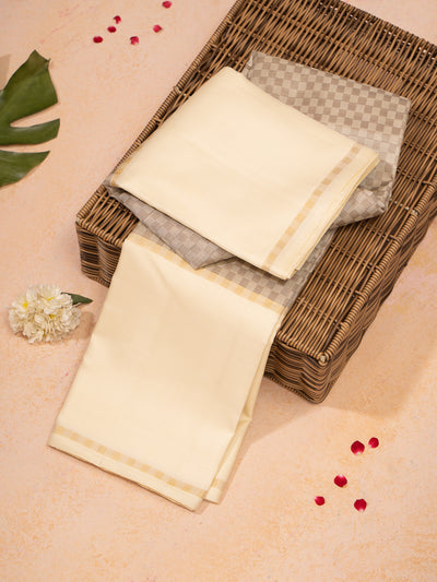 Cream and Grey Checks Pure Kanchipuram Silk Saree - Clio Silks