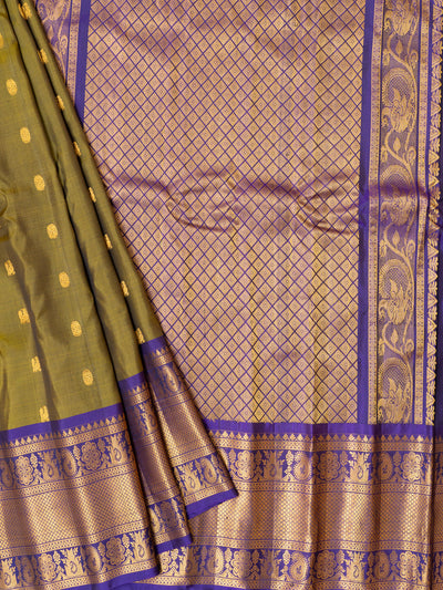 Olive Green and purple pure Gadwal silk saree