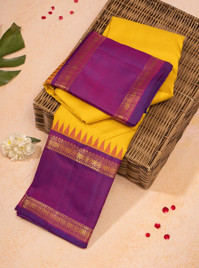 Yellow and Purple Pure Kanchipuram Silk Saree