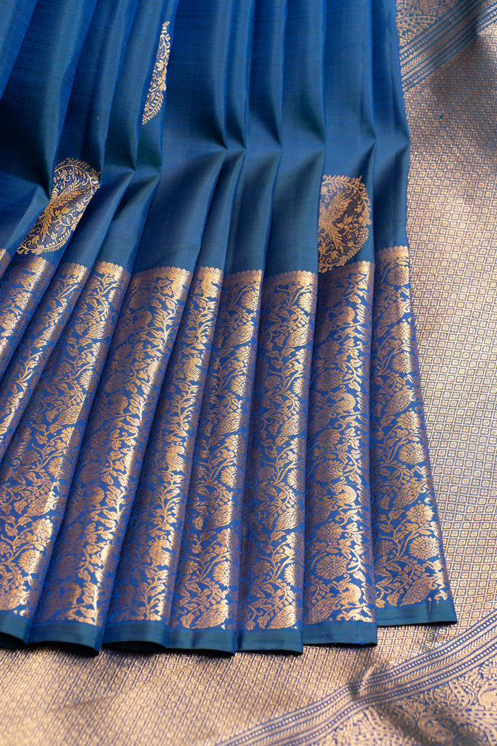 Peacock blue vanasingaram border pure Kanchipuram silk saree