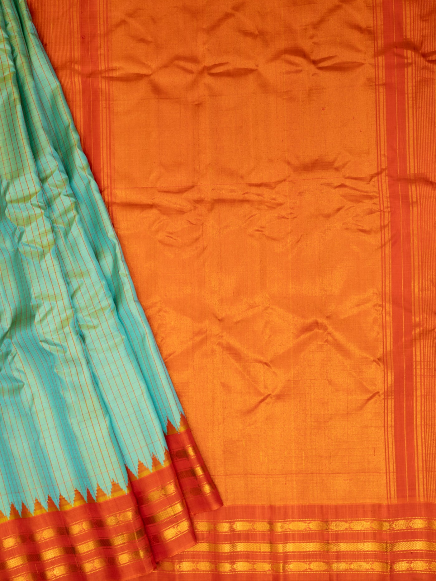 Turquoise blue and red pure Gadwal silk saree