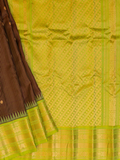 Brown and green checks pure Gadwal silk saree