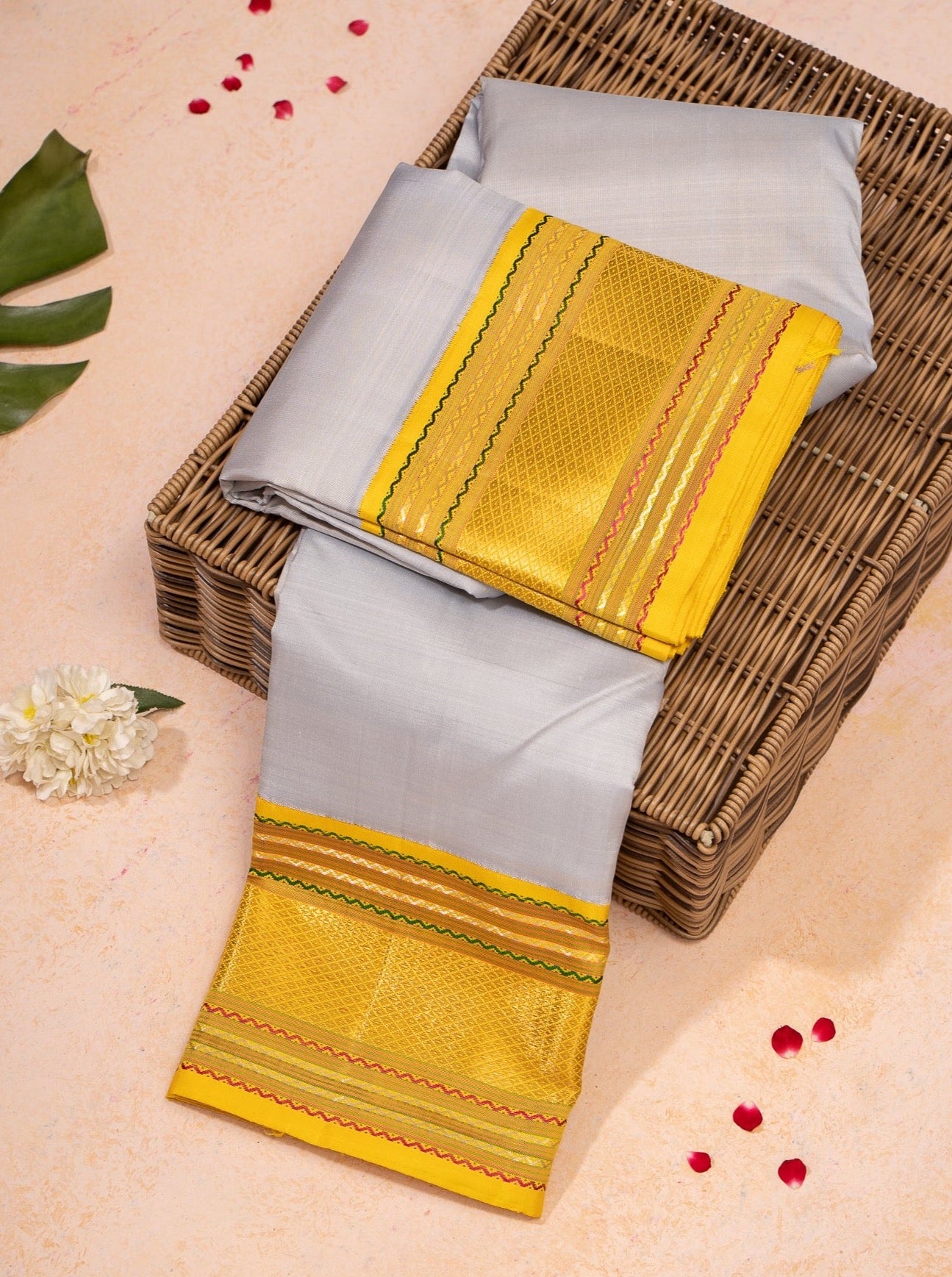 Cloud Grey and Yellow Pure Zari Kanchipuram Silk Saree - Clio Silks