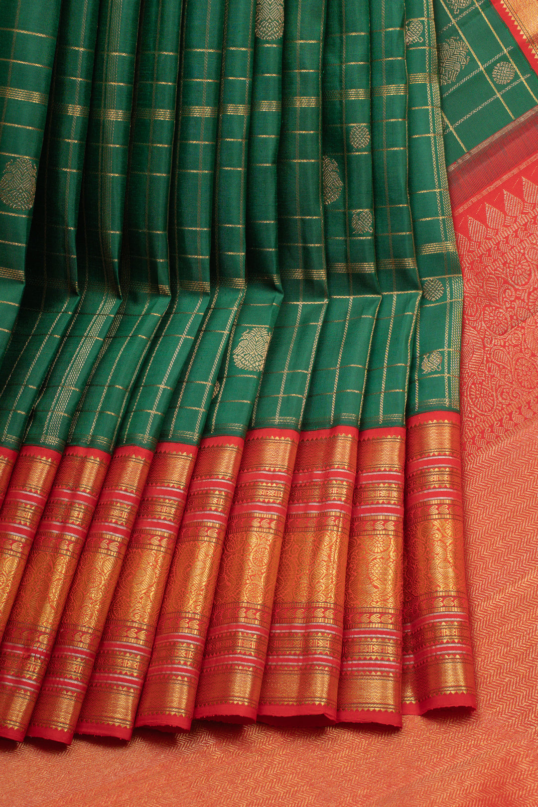 Emerald green and red zari checks pure kanchipuram silk saree