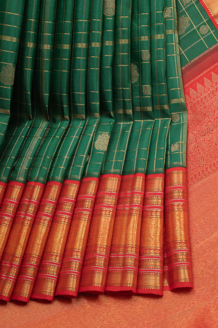 Emerald green and red zari checks pure kanchipuram silk saree