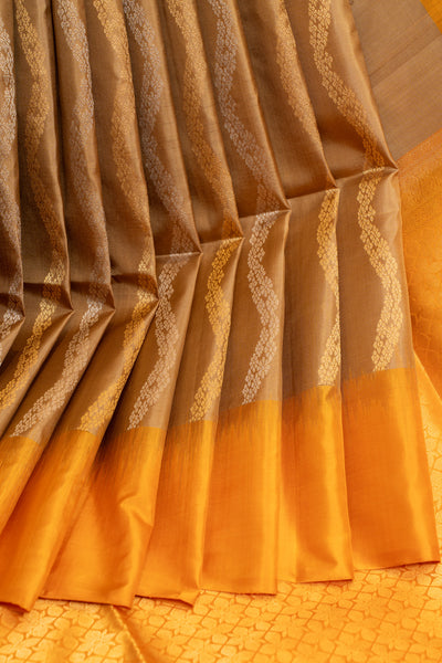 Beige and yellow serpentine stripes pure soft silk saree