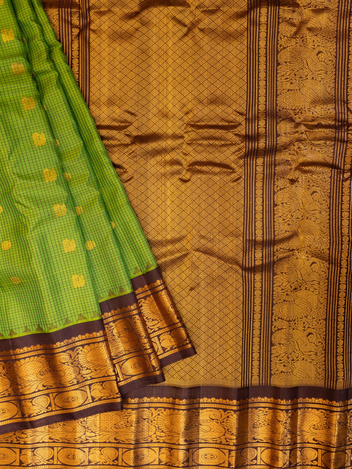 Parrot green and purple pure Gadwal silk saree