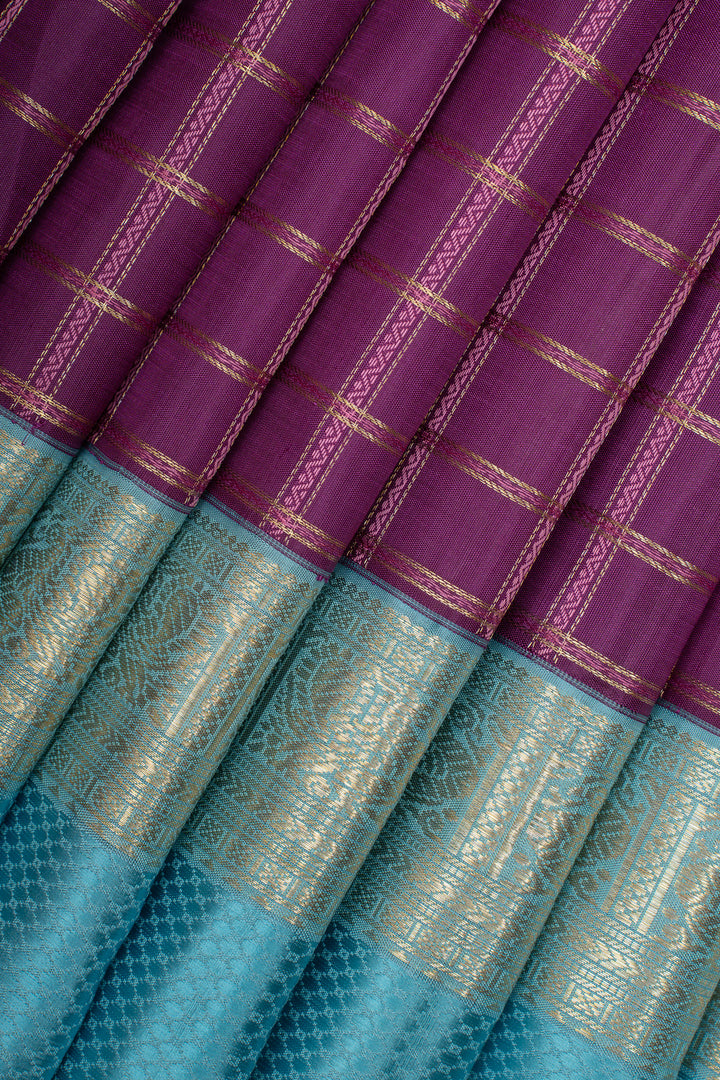 Purple zari checks pure kanchipuram silk saree