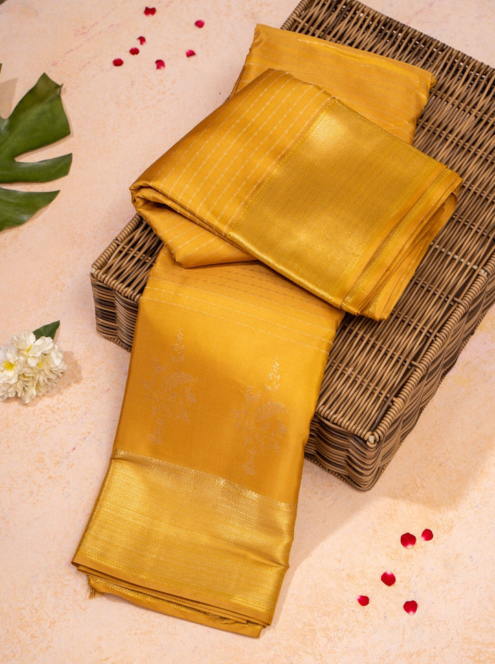 Golden Yellow Stripes Pure Kanchipuram Silk Saree - Clio Silks