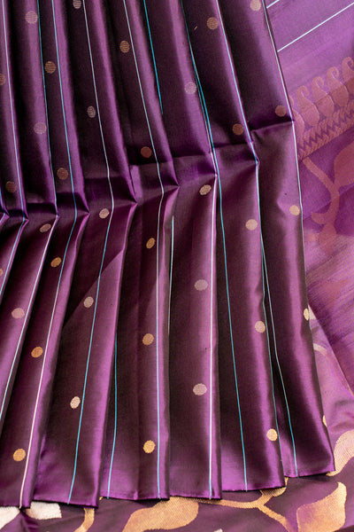 Aubergine purple polka zari pure soft silk saree