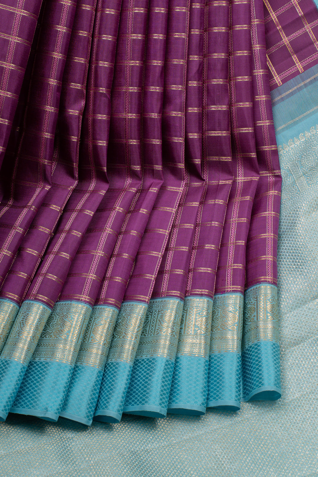 Purple zari checks pure kanchipuram silk saree