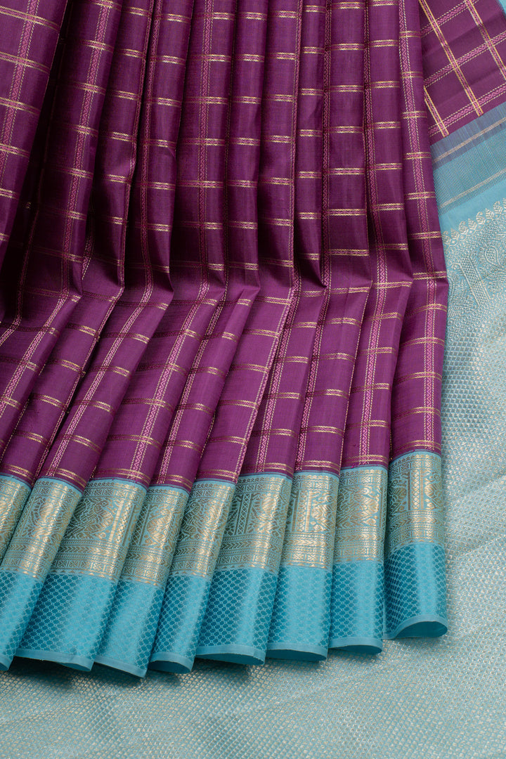 Purple zari checks pure kanchipuram silk saree