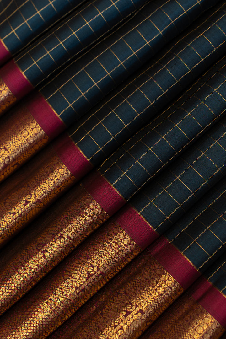 Azure blue zari checks pure Kanchipuram silk saree
