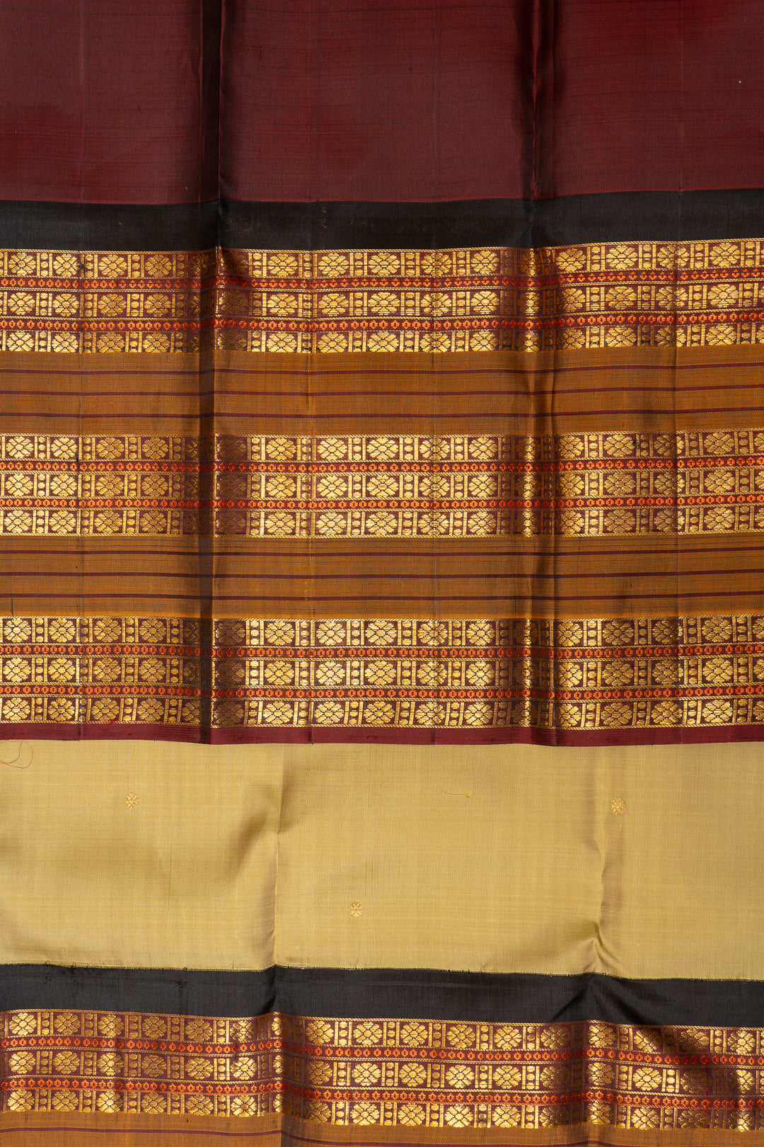 Golden Green and Maroon Pure Zari Kanchipuram Silk Saree - Clio Silks