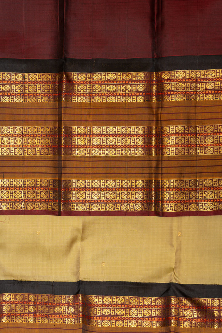 Golden Green and Maroon Pure Zari Kanchipuram Silk Saree - Clio Silks
