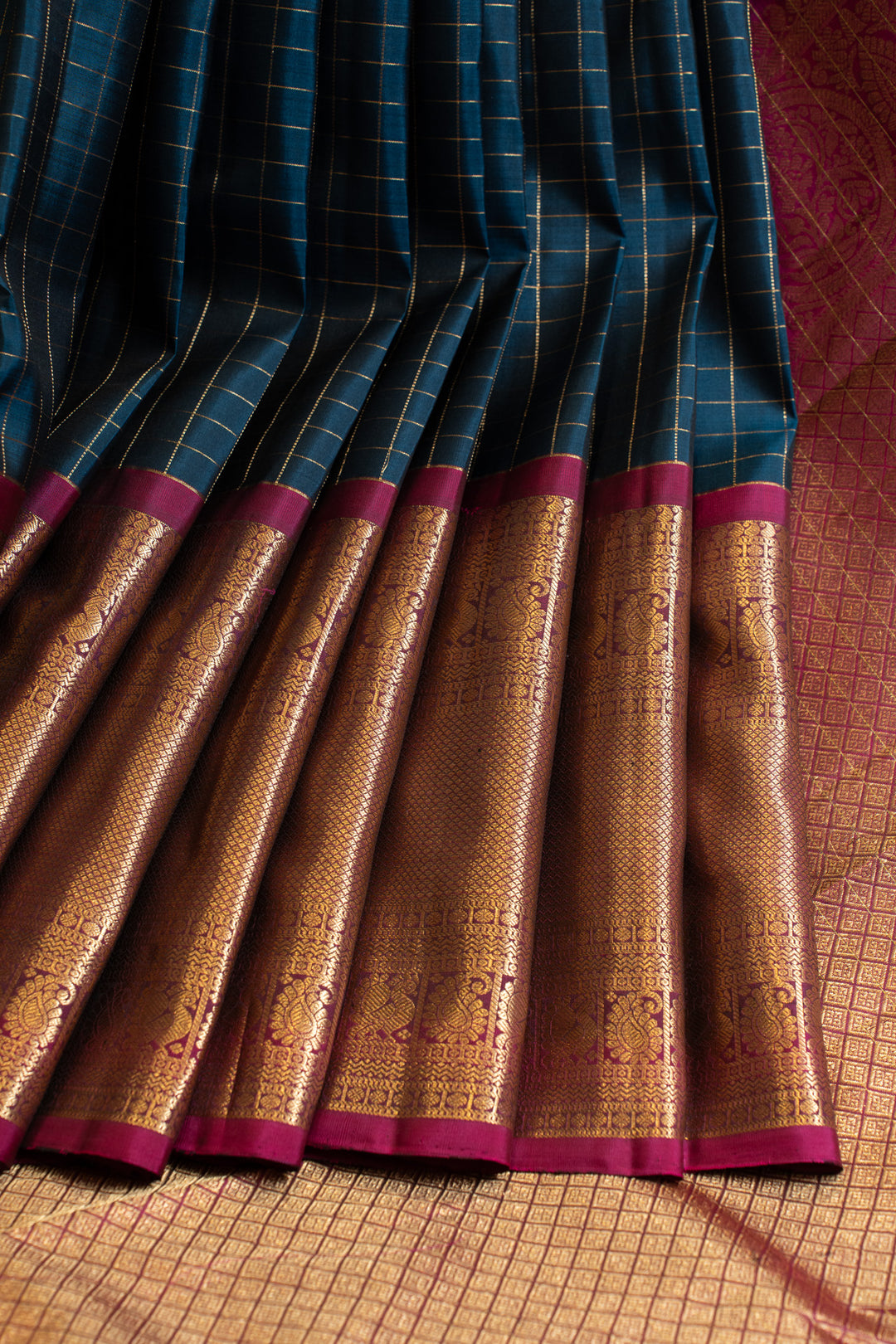Azure blue zari checks pure Kanchipuram silk saree